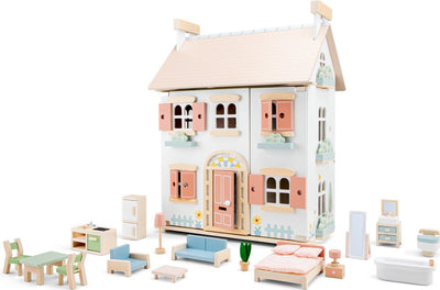 Woet® Puppenhaus aus Holz – komplett mit 20 Möbelstücken – pastellrosa Spielhaus für Kinder – FSC – Rollenspielspielzeug – ab 3 Jahren
