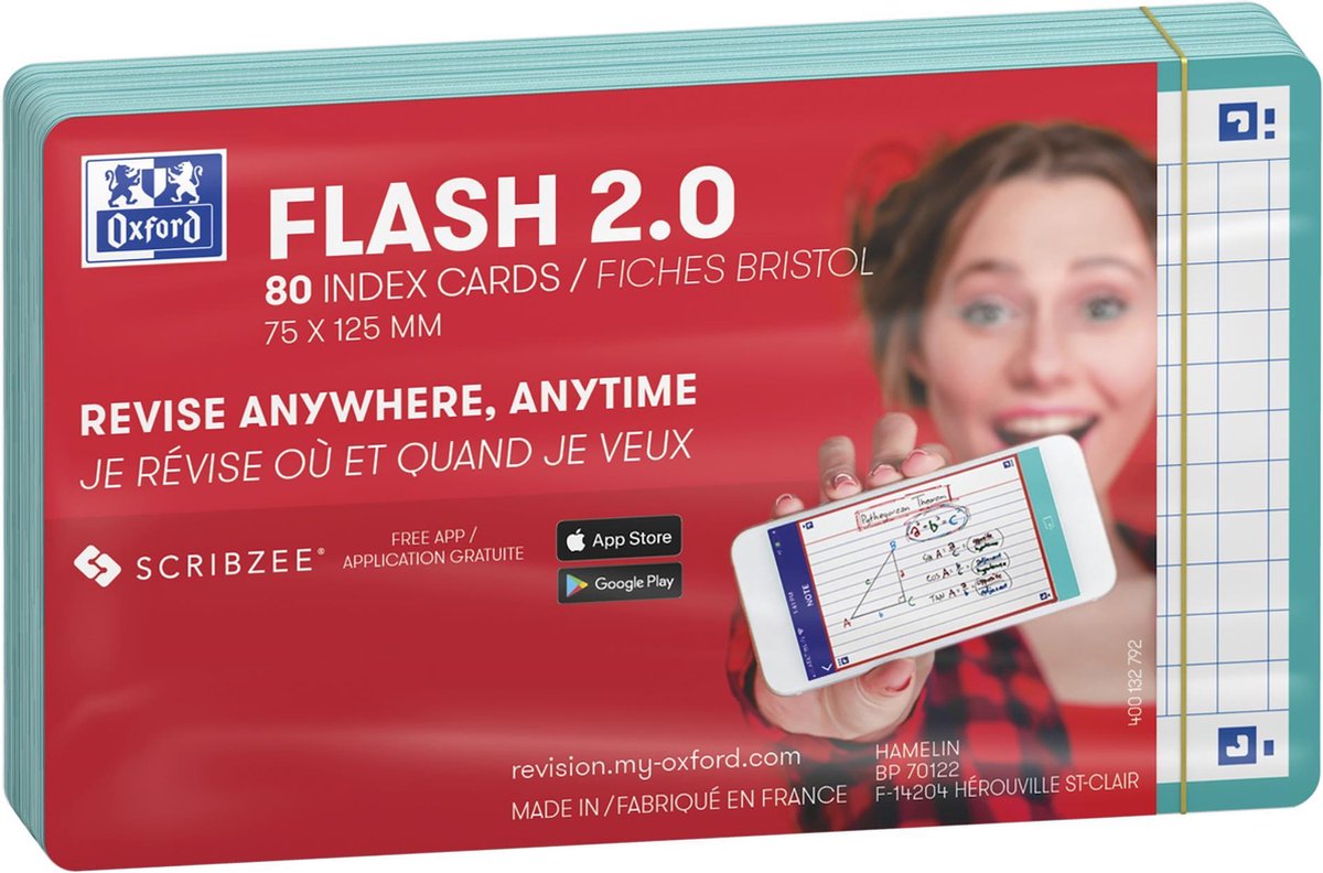 Oxford Flash 2.0 – Karteikarten – kariert 5 mm – A7 – mintgrüner Rand – 80 Stück