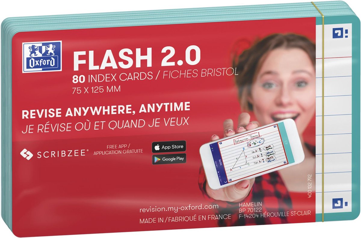 Oxford Flash 2.0 – Karteikarten – liniert – A7 – mintgrüner Rand – 80 Stück
