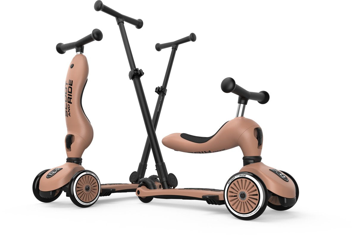 Scoot Ride Highwaykick 1 Push Go – 2-in-1 Kinderroller mit Schiebestange – Scooter Laufrad 2-in-1, 3 Räder – Schiebestange 3 Höhen, abnehmbare Fußstützen – 1–5 Jahre, max. 20–50 kg – Mokka