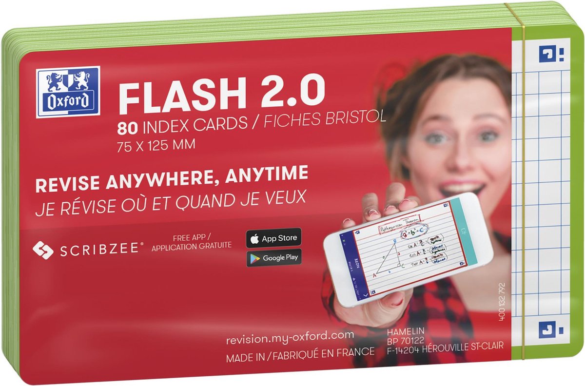 Oxford Flash 2.0 – Karteikarten – kariert 5 mm – A7 – grüner Rand – 80 Stück