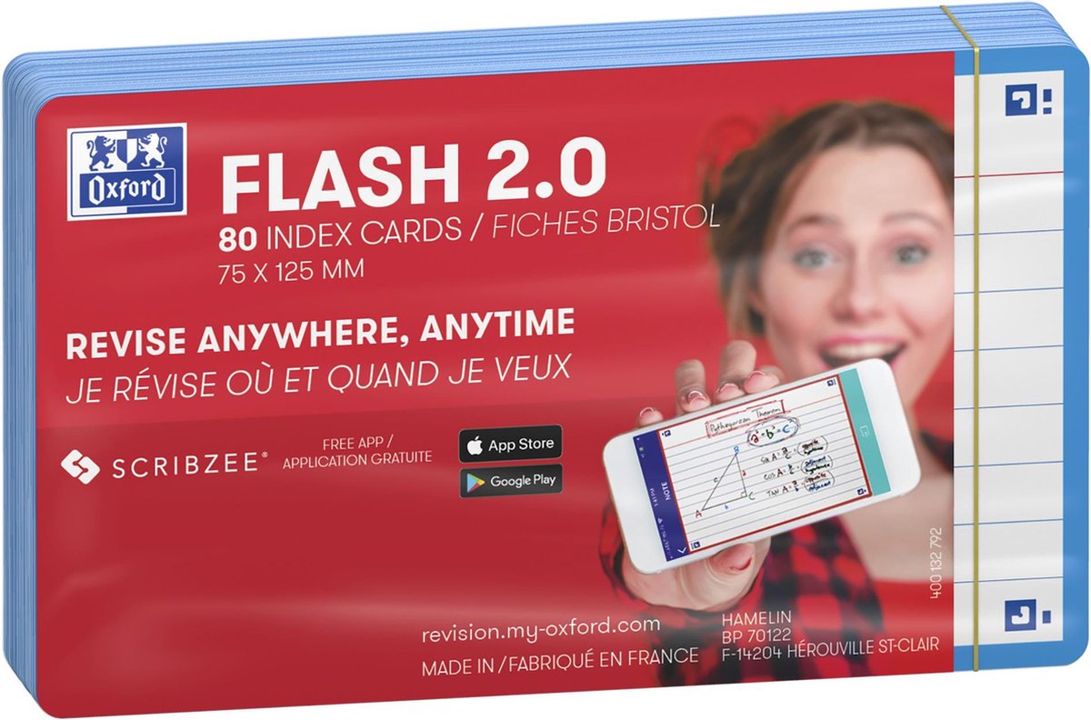 Oxford Flash 2.0 – Karteikarten – liniert – A7 – türkisfarbener Rand – 80 Stück