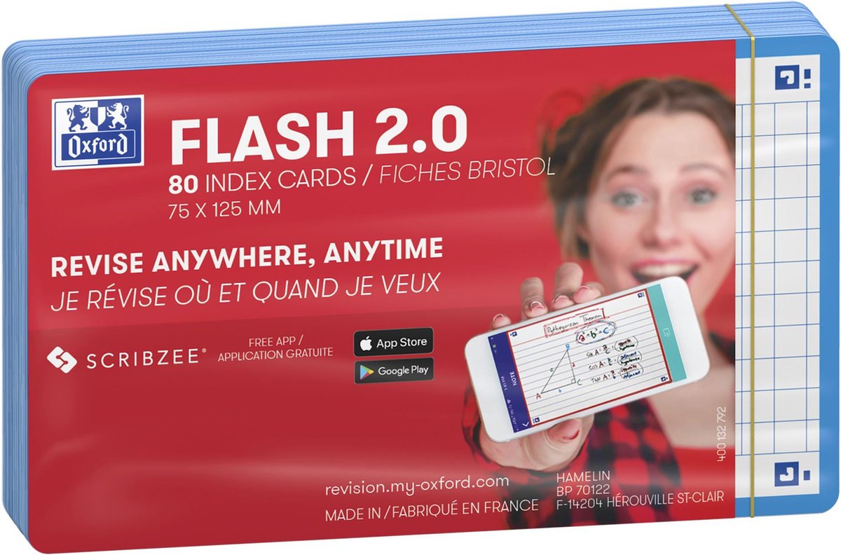 Oxford Flash 2.0 – Karteikarten – kariert 5 mm – A7 – türkisfarbener Rand – 80 Stück