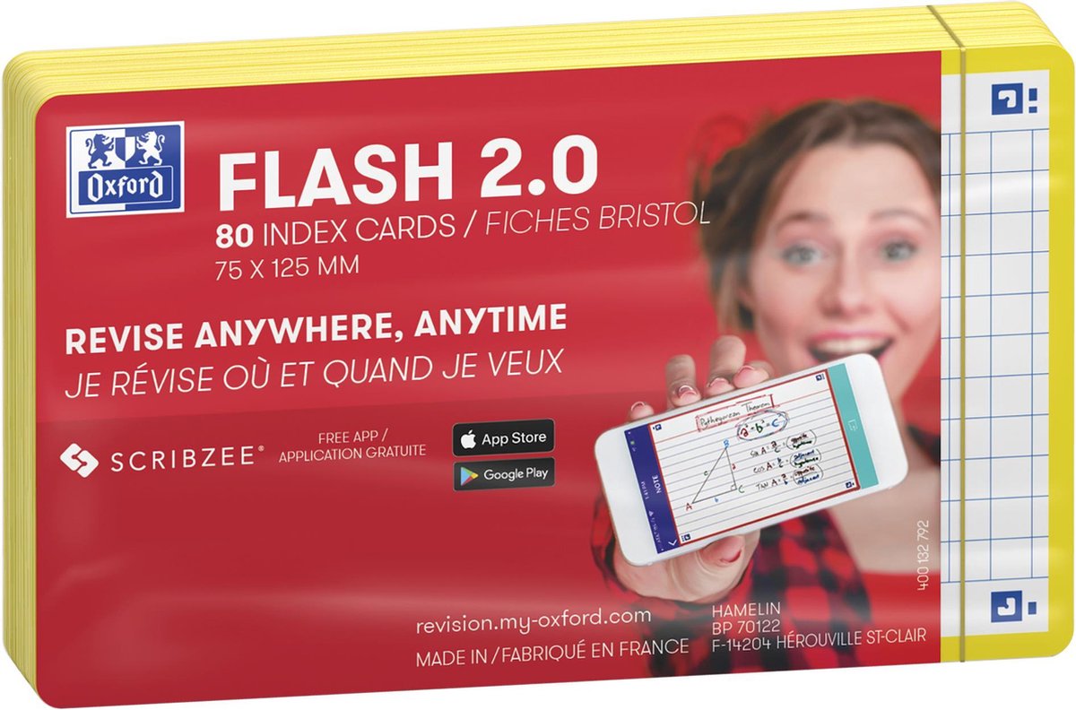 Oxford Flash 2.0 - Karteikarten - kariert 5mm - A7 - gelber Rand - 80 Stück