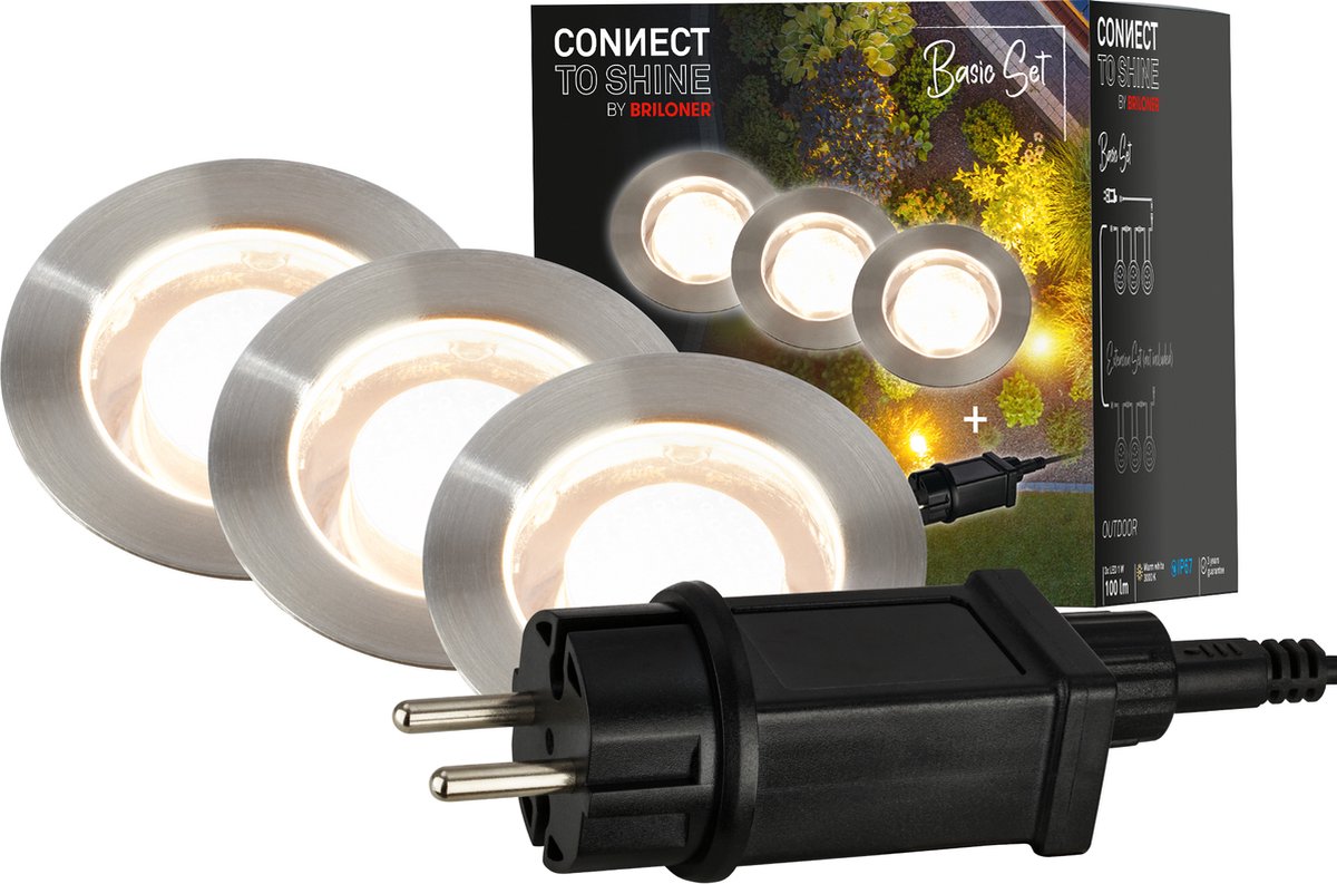 Briloner connect to Shine – LED-Bodenstrahler für den Außenbereich – 3er-Set – Gartenbeleuchtung-Starter-Set – warmweißes Licht – IP67 – ø4,5 x 6,6 cm