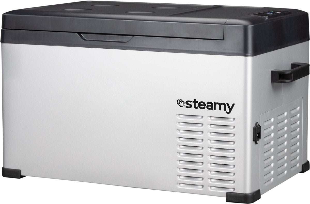Steamy -e Einzonen-Kühlbox mit elektrischem Kompressor – Einzelzone – 27 Liter – 12 V und 230 V – für Auto und Camping – Silber