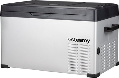 Steamy -e Einzonen-Kühlbox mit elektrischem Kompressor – Einzelzone – 27 Liter – 12 V und 230 V – für Auto und Camping – Silber