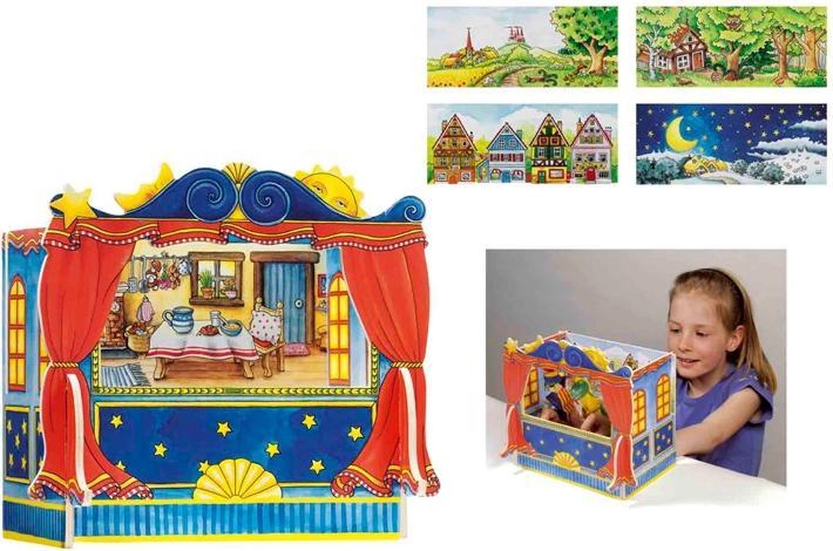 Goki Puppentheater - Fingerpuppen - mit 5 austauschbaren Dekoren - 28x20x25cm - Holz