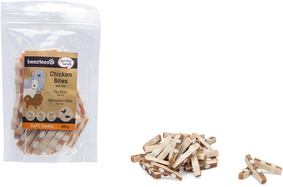 Beeztees Leckereien Hähnchenhäppchen mit Fisch – Hundekekse – Hundesnacks – Hundesuppen – 200 Gramm