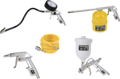 Powerplus powair0020 Pneumatik-Grundset - 5-teilig - inkl. Waschpistole, Reifenfüllpistole, Luftpistole, Spiralschlauch und Farbspritzgerät