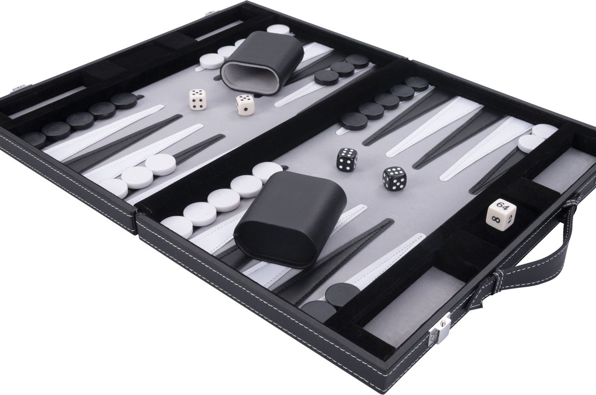 Longfield Backgammon 11 Zoll – graues, schwarz-weiß genähtes Brett – Kunstledertasche mit Griff – Engelsherz