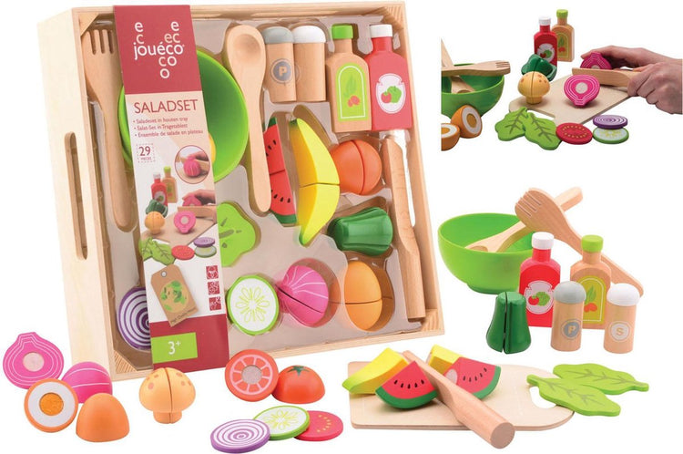 Jouéco-Salatset – Spielzeug-Essen und -Getränke in Holztablett