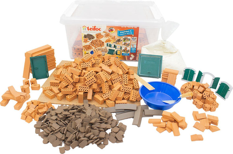 Teifoc® Baukasten – Kreativbox xxl – 850 Teile – echte Mini-Steine mit Zement, Schüssel und Kelle – Bausatz für Kinder ab 6 Jahren