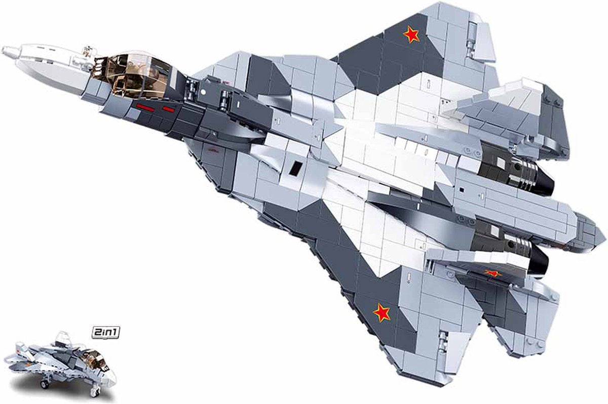 Sluban Modelbricks Kampfjet SU-57 2-in-1 Konstruktionsspielzeug für Kinder ab 8 Jahren – Konstruktionsspielzeug Modellbau Kampfflugzeug – Baukasten mit 893 Bausteinen M38-B0986