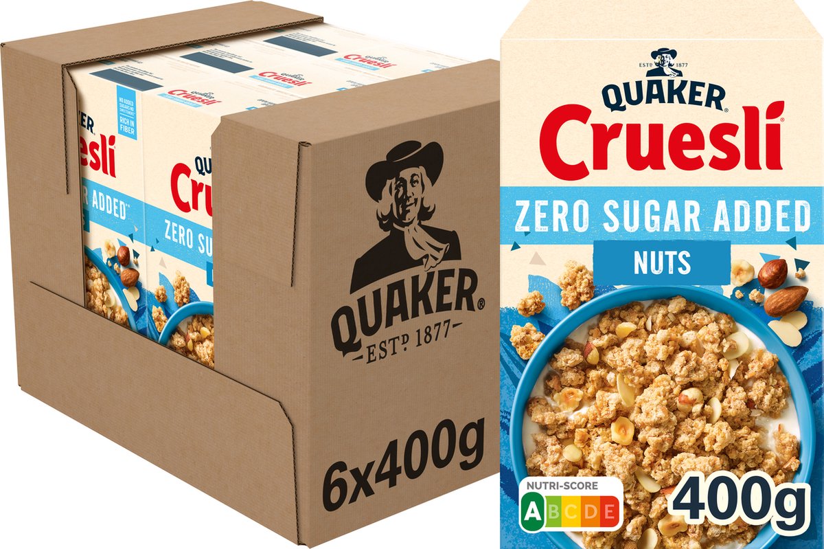 Quaker Cruesli ohne Zuckerzusatz, Nüsse – Frühstückszerealien – 6 x 400 Gramm