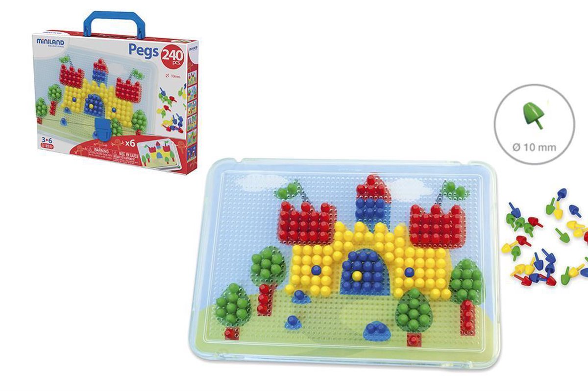 Miniland-Mosaikstifte – 10 mm – 240 Stifte – in Box mit Griff – 3 Jahre