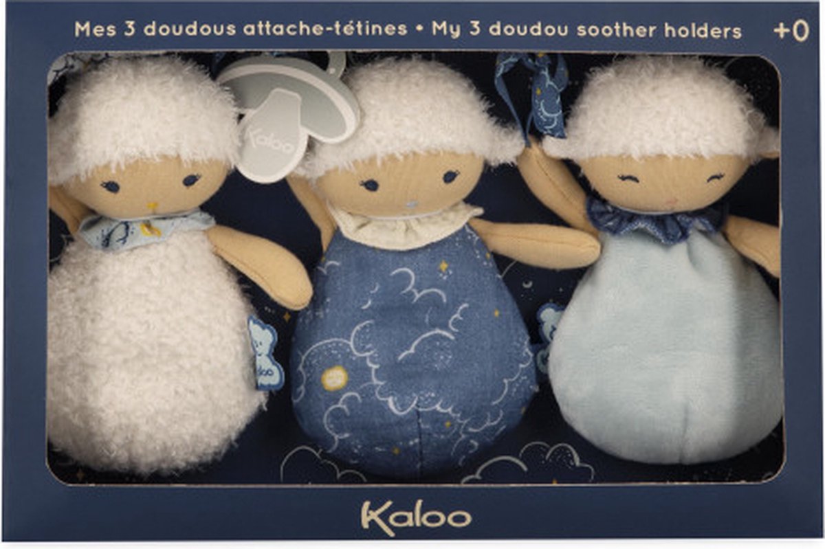 Kaloo doux sommeil – 3 Schaf-Doudou-Kuscheltücher – drei Schaf-Schnullerhalter, jeder mit seiner eigenen Besonderheit und Farbe, so dass das Baby ihn als Kuscheltier verwenden kann, der Schnuller aber auch an dem feinen Band befestigt werden kann