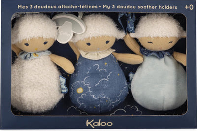 Kaloo doux sommeil – 3 Schaf-Doudou-Kuscheltücher – drei Schaf-Schnullerhalter, jeder mit seiner eigenen Besonderheit und Farbe, so dass das Baby ihn als Kuscheltier verwenden kann, der Schnuller aber auch an dem feinen Band befestigt werden kann