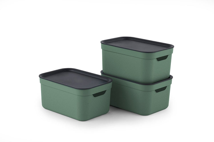 Rotho Jive Aufbewahrungsboxen 3er Set Aufbewahrungsboxen 5 l mit Deckel, Kunststoff (PP recycelt), grün anthrazit, 3 x 5 l (26,5 x 18,5 x 13,2 cm).