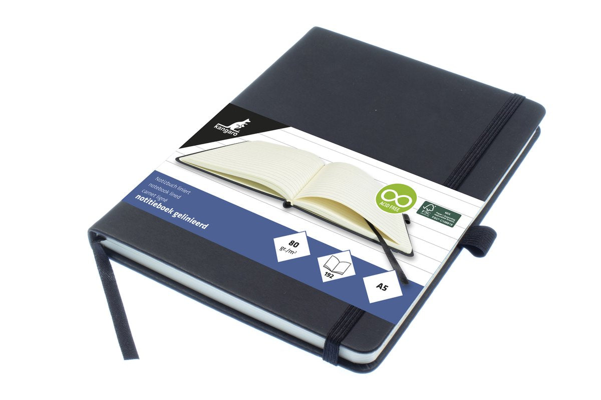 Kangaro-Notizbuch – A5 – schwarz – mit Linie – mit Gummiband, Band und Stiftschlaufe – k-552241