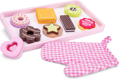 Woet ® Spielset „Kekse backen“ aus Holz – Spielzeugset mit 8 Keksen, Tablett und Ofenhandschuh – Backspielzeug für Kinder – Spielzeugessen – ab 2 Jahren