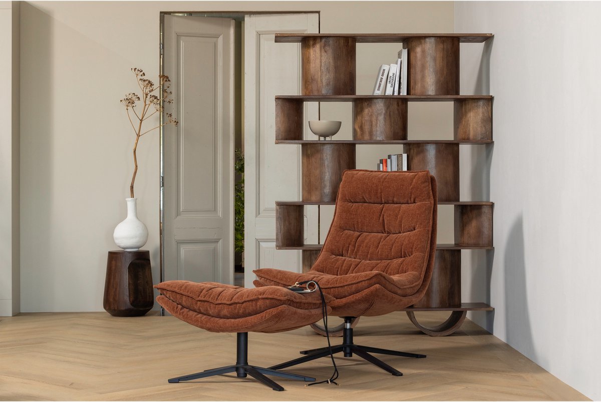 Woood Kube Drehsessel mit Ottomane – Chenille-Stoff – Braun