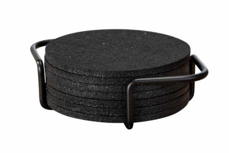 Wenko Filzuntersetzer mit Halter, 8 Stück, schwarz, 14x10cm – Untersetzer für Gläser – Untersetzer-Set schwarz – rundes Untersetzer-Design – Untersetzer