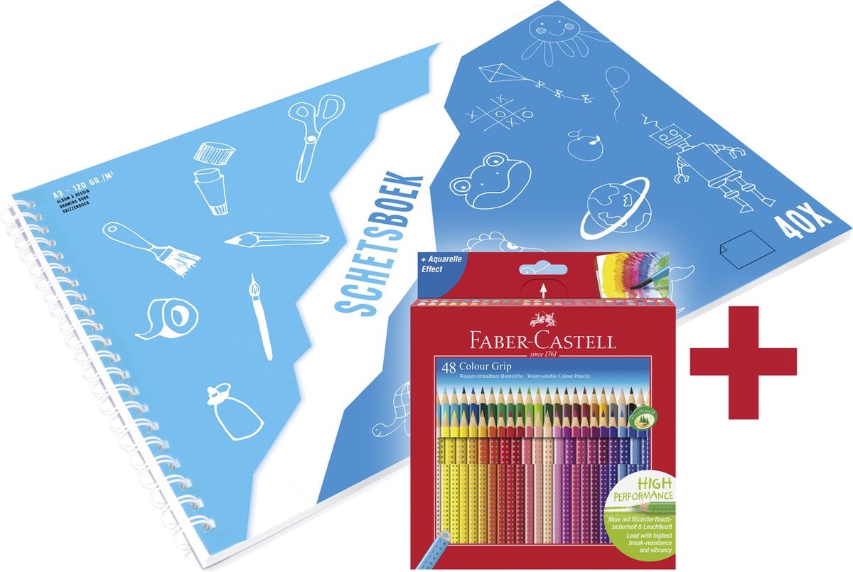 Faber-Castell Buntstift – Griff – 48 Stück + A3-Kangaro-Skizzenbuch gratis – Weiß – 120 Gramm – 40 Blatt – FC-112449-A