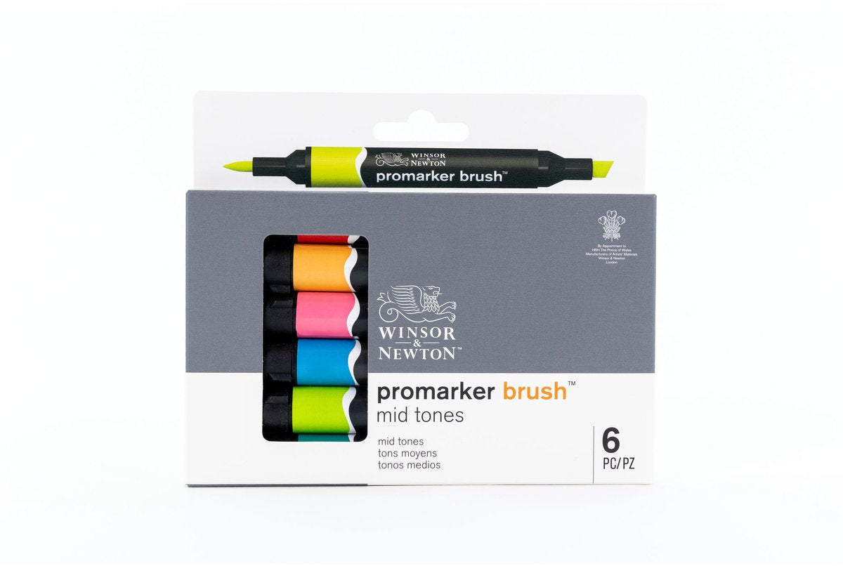 Winsor Newton 0290124 ProMarker Pinsel 6 Mitteltöne Set | Professionelle Alkoholmarker, Layoutmarker