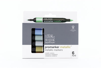 Winsor Newton 0290135 Pro Marker Metallic 6 Set | Metallmarker auf Wasserbasis mit 2 Spitzen