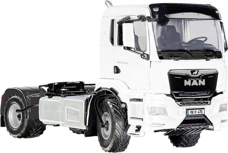 Wiking 077652 MAN TGS 18.510 4x4 BL 2-Achs-Zugmaschine, Modell-LKW, 1:32, Metall-Kunststoff, ab 14 Jahren, viele Funktionen, inkl. Reifendruckregulierung, drehbarer Kühlergrill, weiß