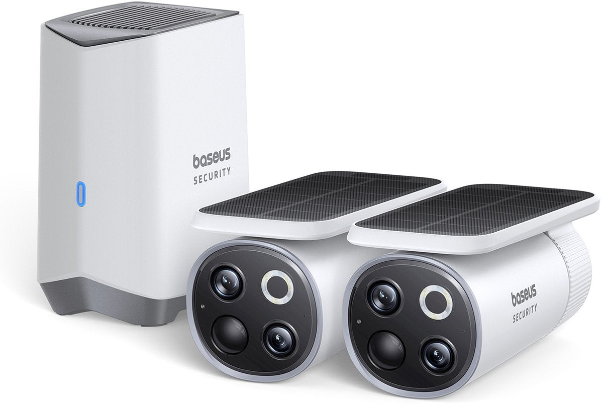 Baseus Sicherheitskamera Wireless Outdoor Set S1 Pro – kabellose Außenkamera – Smart Security – rotierendes Solarpanel – Outdoor – 3K-Kamera – 2 Kameras – WLAN – inklusive Heimstation – wasserdicht – wetterfest – Nachtsicht – Weiß