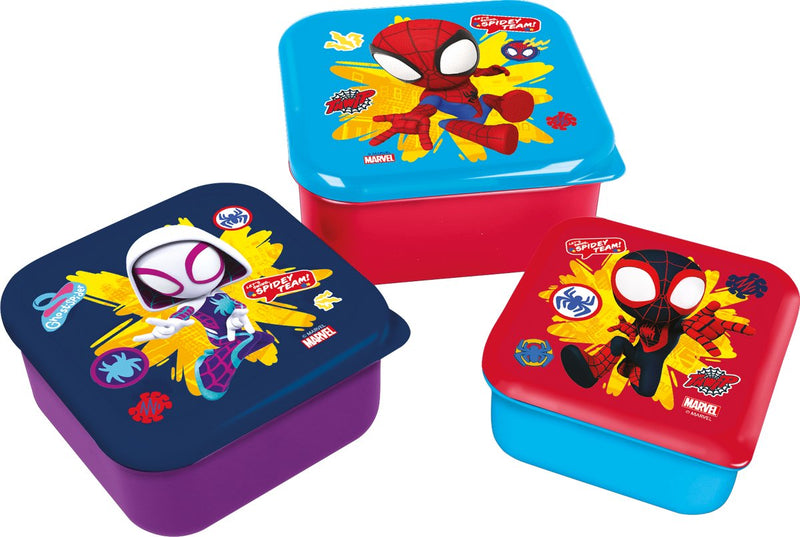 Stor Marvel's Spidey 3-in-1-Snackboxen – 3 Größen – quadratisch – dicht schließend – Lunchboxen für Kinder – loser Deckel – geeignet für Kekse, Obst und Snacks – violett, rot, hellblau