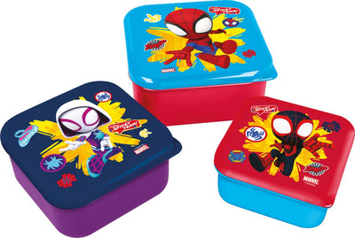 Stor Marvel's Spidey 3-in-1-Snackboxen – 3 Größen – quadratisch – dicht schließend – Lunchboxen für Kinder – loser Deckel – geeignet für Kekse, Obst und Snacks – violett, rot, hellblau