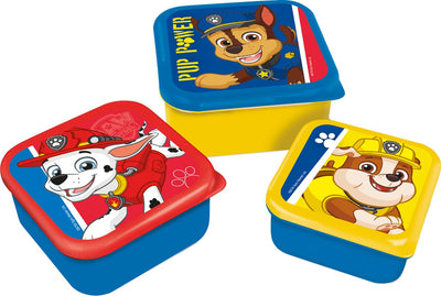 Stor Paw Patrol 3-in-1 Snackboxen – 3 Größen – quadratisch – gut schließend – Lunchboxen für Kinder – loser Deckel – geeignet für Kekse, Obst und Snacks – blau gelb