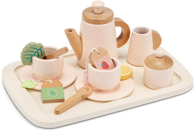 Woet® Teeservice aus Holz rosa – 16-teiliges Teeservice mit Tablett, Teekanne, Tassen und Teebeuteln – FSC – Rollenspiel-Geschirrspielzeug – ab 2 Jahren