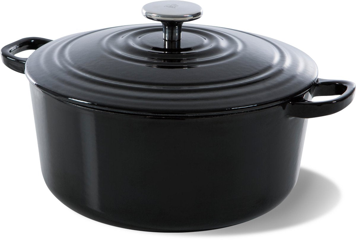 Bk Burgunderroter Gusseisentopf 28 cm 6,7 l – Induktionstopf – Gusseisentopf – ofenfest bis 230 Grad – Deckel mit Tropfringen – innen weiß emailliert – schwarz