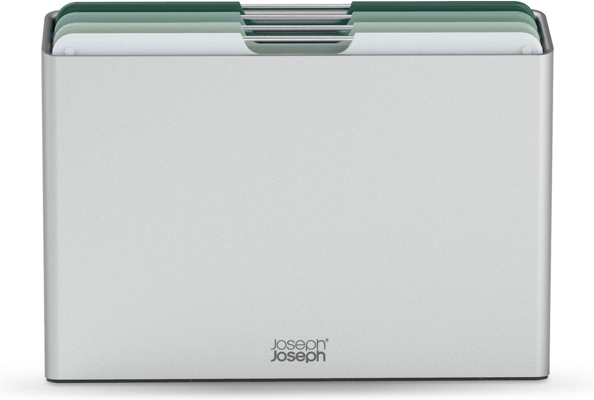 Joseph Joseph Folio™ Schneidebrettset 4-teilig – groß – hellgrün – farbcodiert – mit Aufbewahrungsständer – Griffe aus Edelstahl