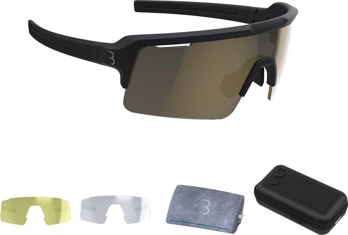Bbb Cycling Fahrradbrille Herren und Damen Fuse – Fahrradsonnenbrille mit großer torischer Linse für 100 % UV-Schutz – Antibeschlag-Sportbrille mit 3 leichten Gläsern und Brillenetui – mattschwarzgold – bsg-65