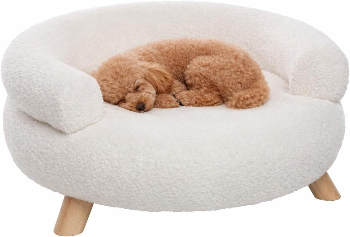 Hundebett Flamingo – Sofa Hund – Sofa Katze – Deteno rund weiß – 54 x 54 x 27 cm – Holzbeine