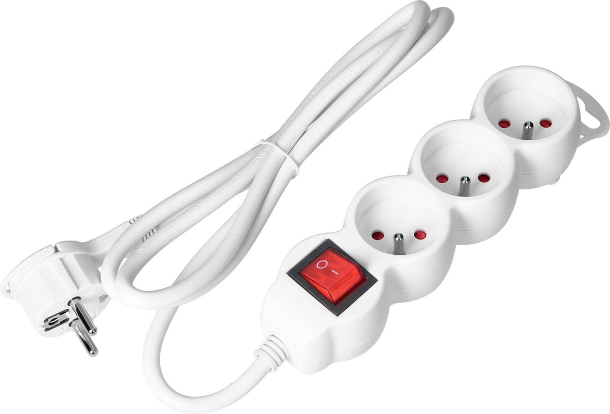 Orno® Steckdosenleiste – für Belgien – Verlängerungskabel – mit Erdungsstift – 3x 2p+e mit Schalter, 5 Meter h05vv-f 1x1,5mm2, imax=16a, weiß max 3680 Watt