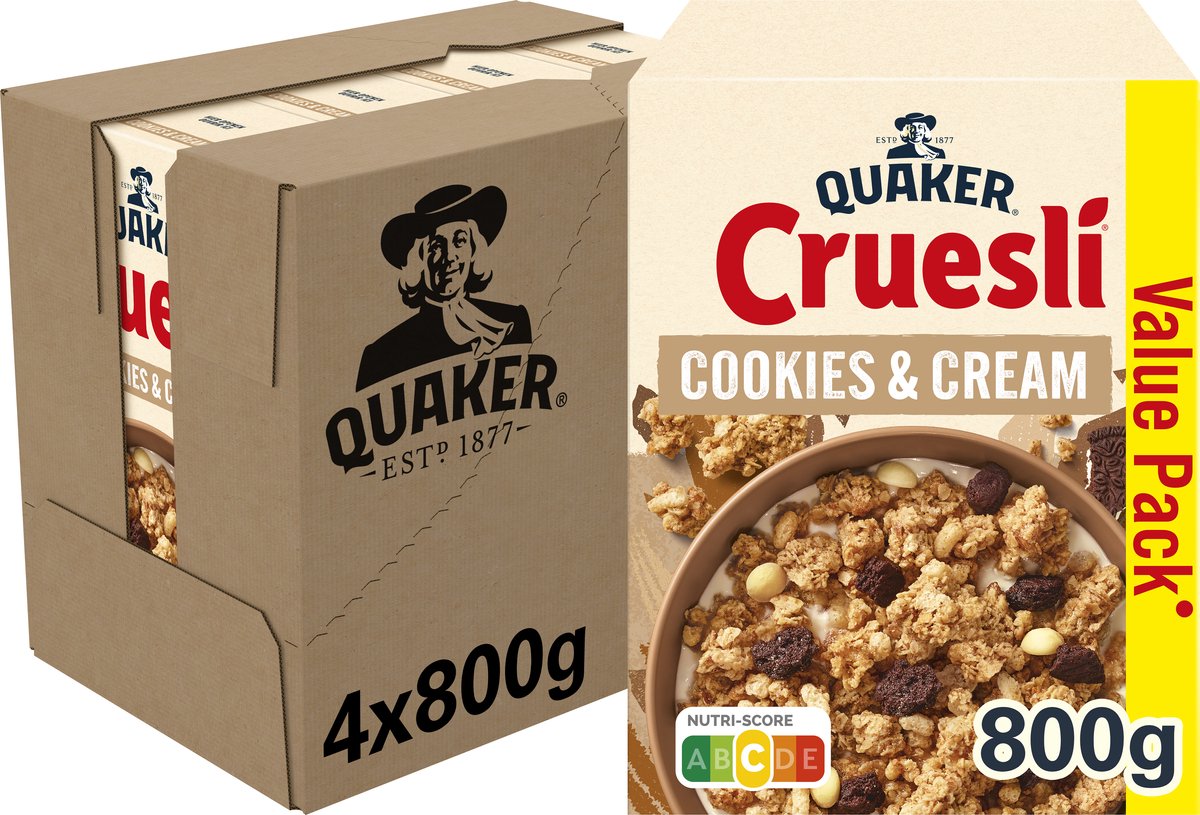 Quaker Cruesli Cookies Cream – Frühstücksflocken – 4 x 800 Gramm