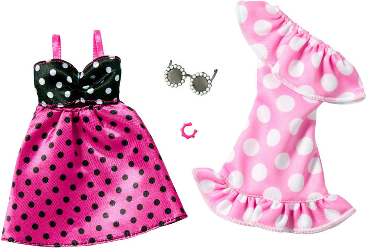 Mattel Barbie 2er-Pack Kleidung, Outfit und Accessoires – 2 gepunktete Sommerkleider, Sonnenbrille und Armband