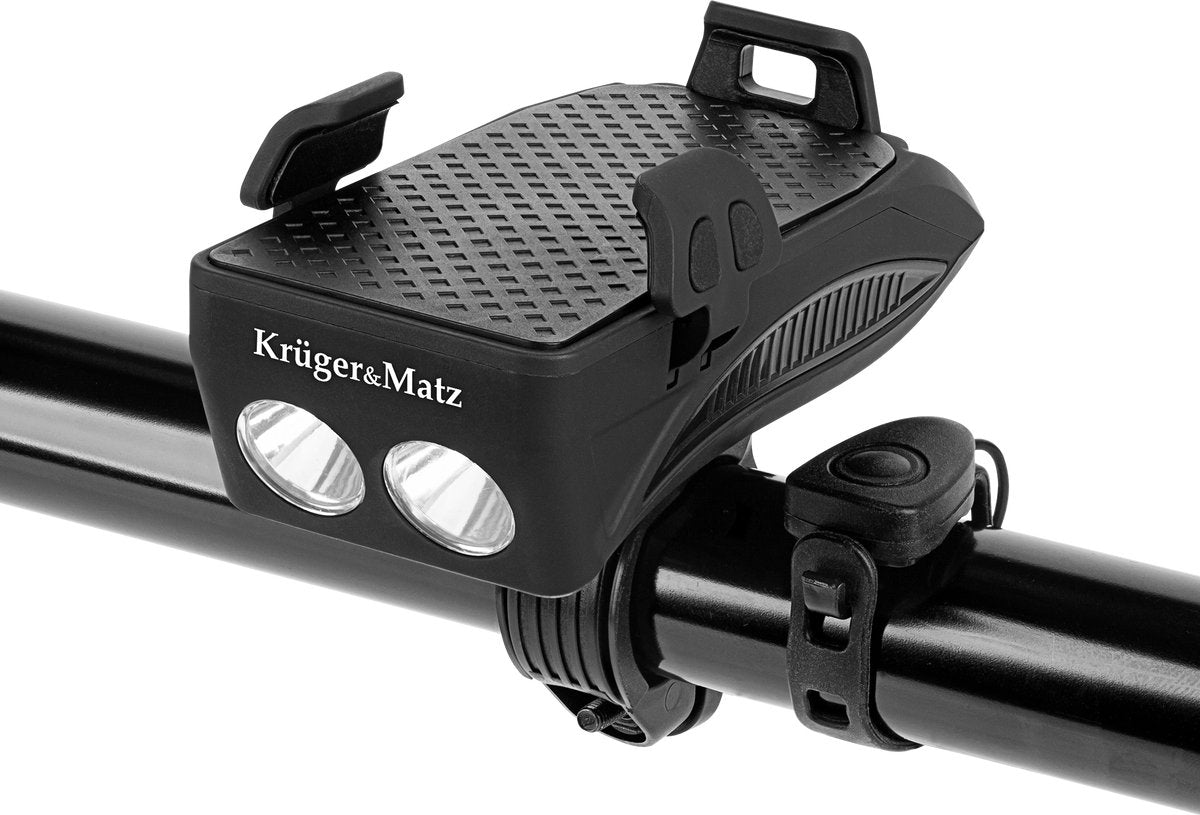 Krüger Matz km0125 – 4 in 1 – Smartphone-Halterung mit elektrischer Fahrradklingel, Beleuchtung und Powerbank 2000 mAh