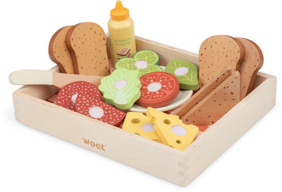 Woet® Sandwich-Set aus Holz – Spielset zum Selbermachen von Sandwiches mit mehr als 16 Zubehörteilen – Rollenspielspielzeug Essen – Lernspielzeug für die Küche – ab 2 Jahren