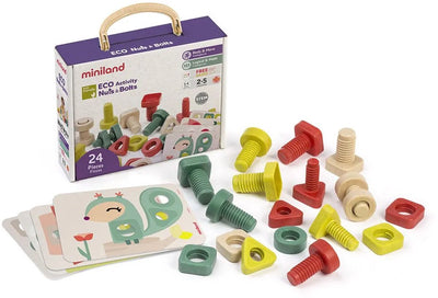 Miniland Schrauben und Muttern – 23 x 19 x 8 cm – 24 Teile – mit 4 Musterkarten – 2 Jahre