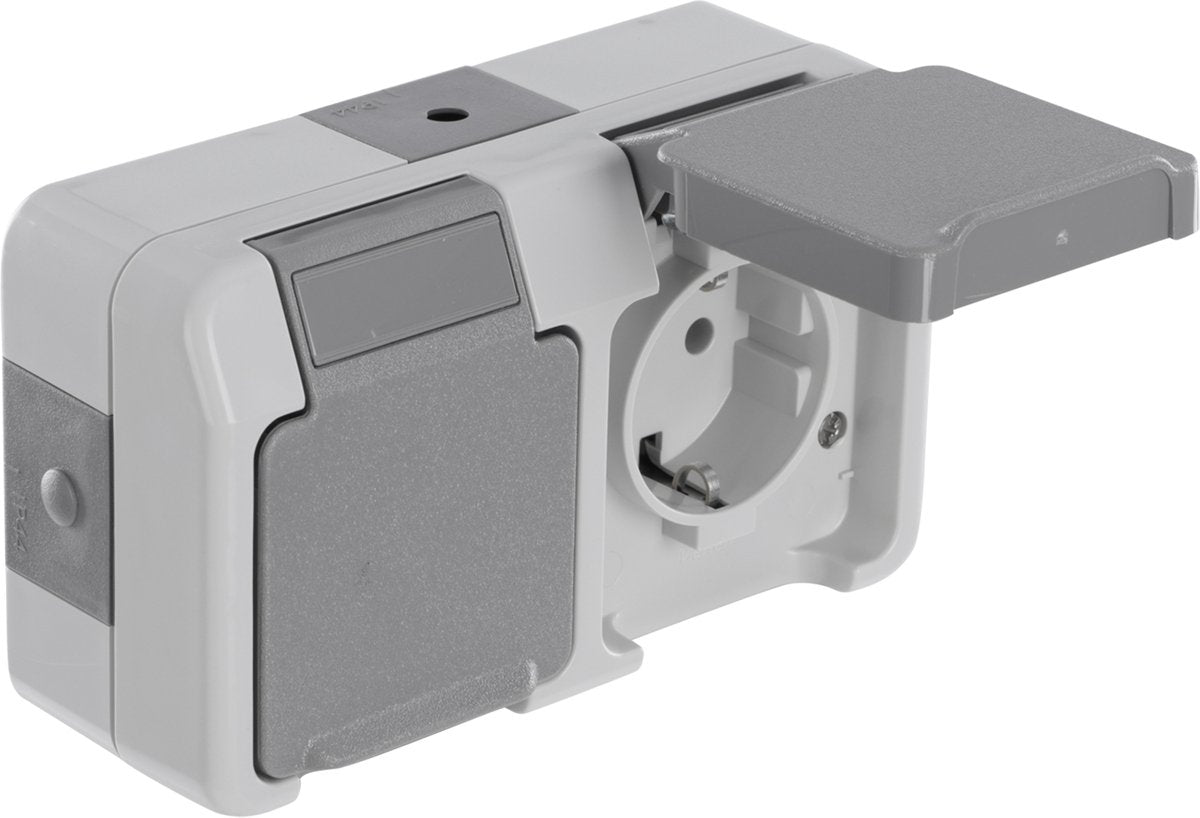 Schneider Electric Merten Aquastar Steckdose – spritzwassergeschützt – Aufputz – 2-fach – geerdet – horizontal – IP44 – grau