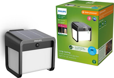 Philips LED Philips Ezra Wandleuchte – ultraeffiziente LED – Solar-Außenleuchte – klares warmes Licht; 3000k - Schwarz - Bewegungssensor - Solarenergie - Dämmerungssensor