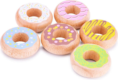 Woet® Holzspielzeug-Donut-Set – 6 bunte Donuts aus Buchenholz – Spielzeug-Essen für Kinder – Rollenspiel-Küchenspielzeug – ab 2 Jahren