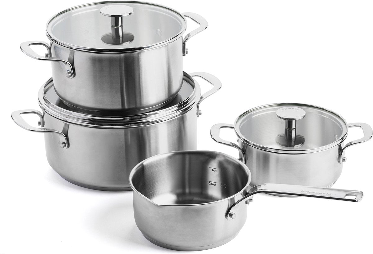 Kitchenaid Edelstahl-Topfset 7-teilig – 16 20 24 cm – 1,5 3,1 4,8 l – PFAS-frei – Edelstahl-Pfannenset – Induktions-Pfannenset – ofenfest bis 220 °C – mit Glasdeckel – Silber